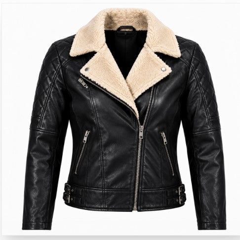 Rasha Shearling Collar Leather Biker Jacket