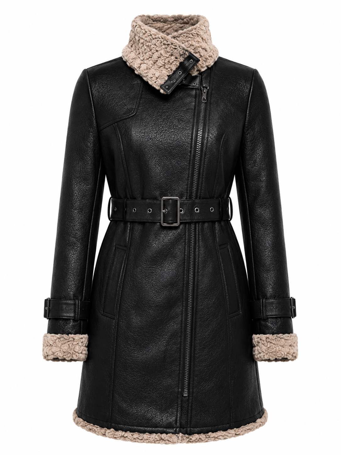 The Shearling Coat – women's belted shearling-lined leather coat with asymmetrical zip and plush shearling collar