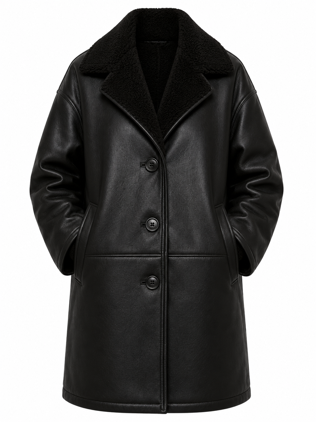 The Shearling Overcoat – women's oversized single-breasted leather coat with shearling collar and four-button front