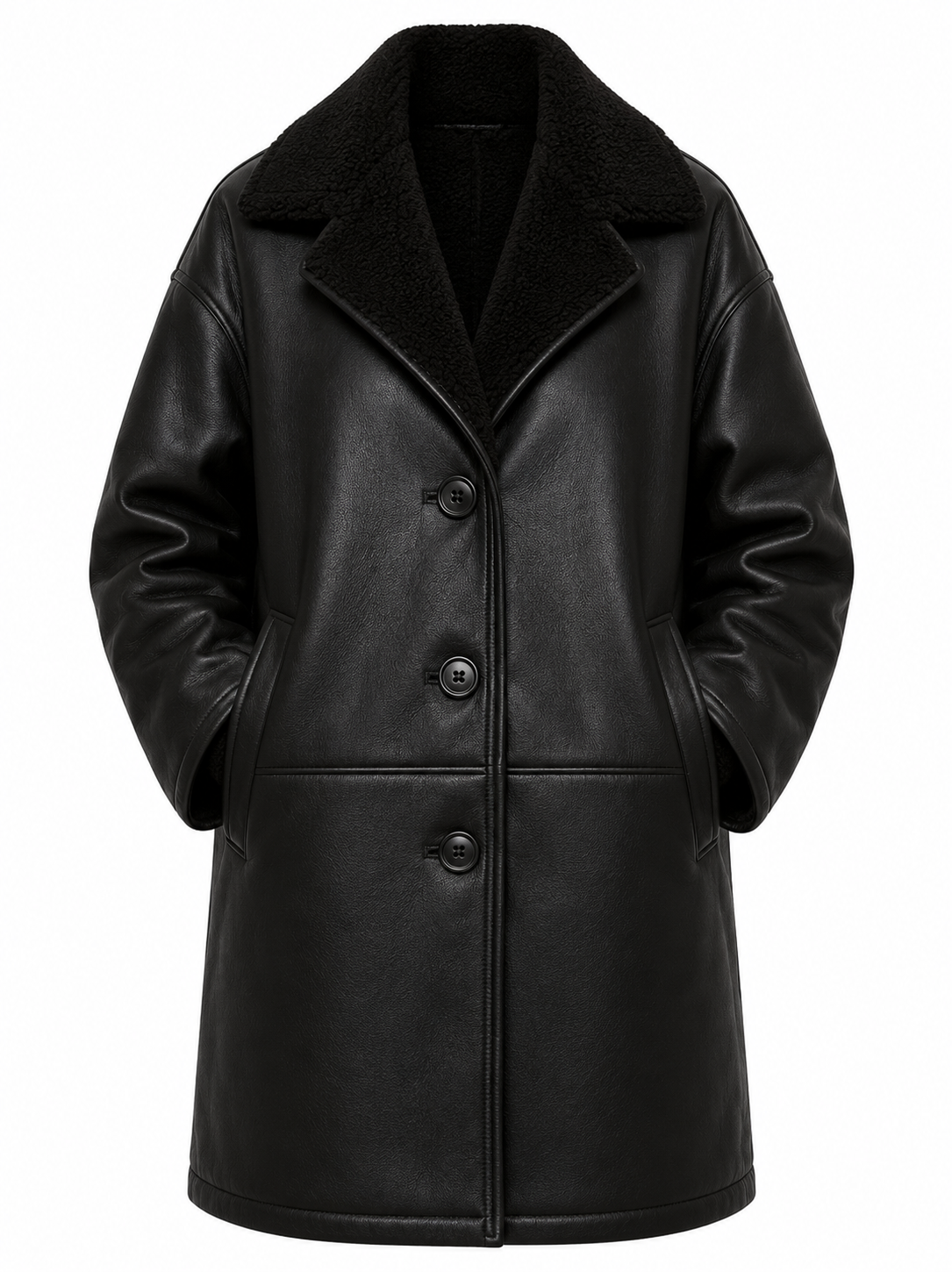 The Shearling Overcoat – women's oversized single-breasted leather coat with shearling collar and four-button front