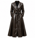 The Swing Coat – women's flared leather swing coat with tie belt, notched lapel, and wavy hem