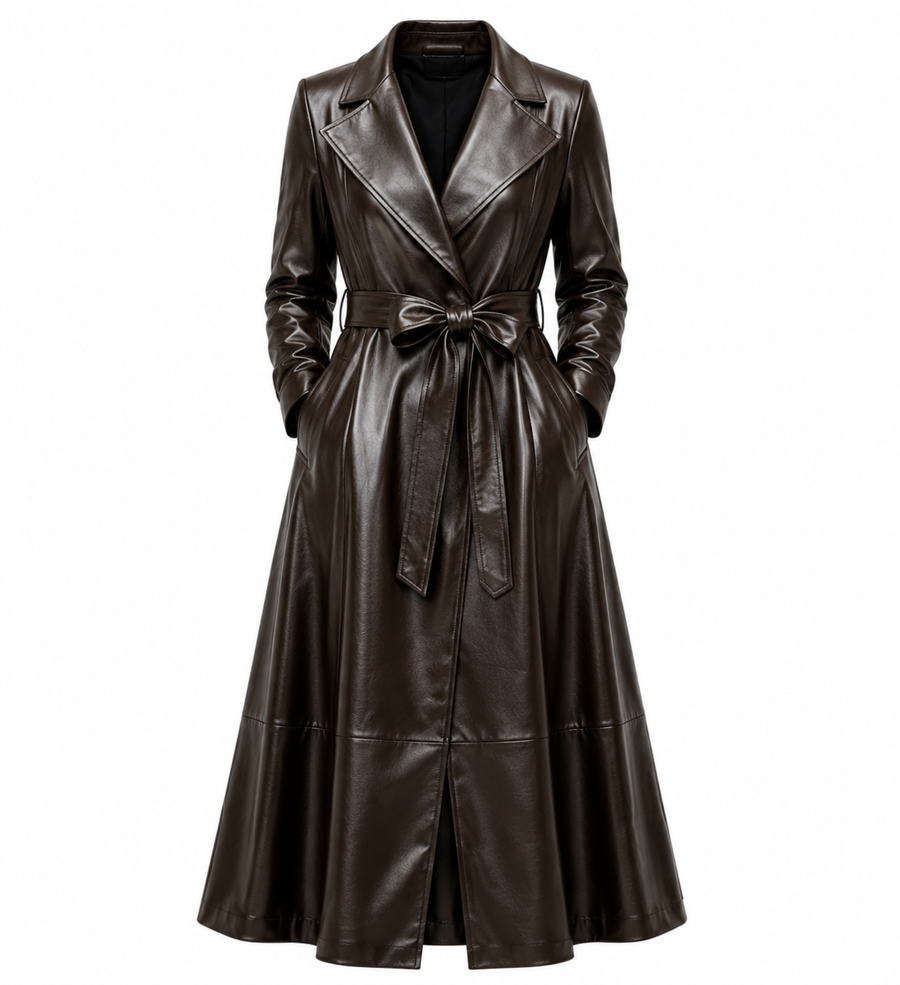 The Swing Coat – women's flared leather swing coat with tie belt, notched lapel, and wavy hem