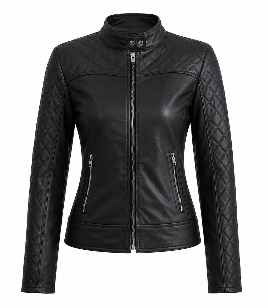 The Quilted Moto Jacket – women's fitted leather moto jacket with snap-tab collar and diamond-quilted shoulders