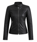 The Quilted Moto Jacket – women's fitted leather moto jacket with snap-tab collar and diamond-quilted shoulders