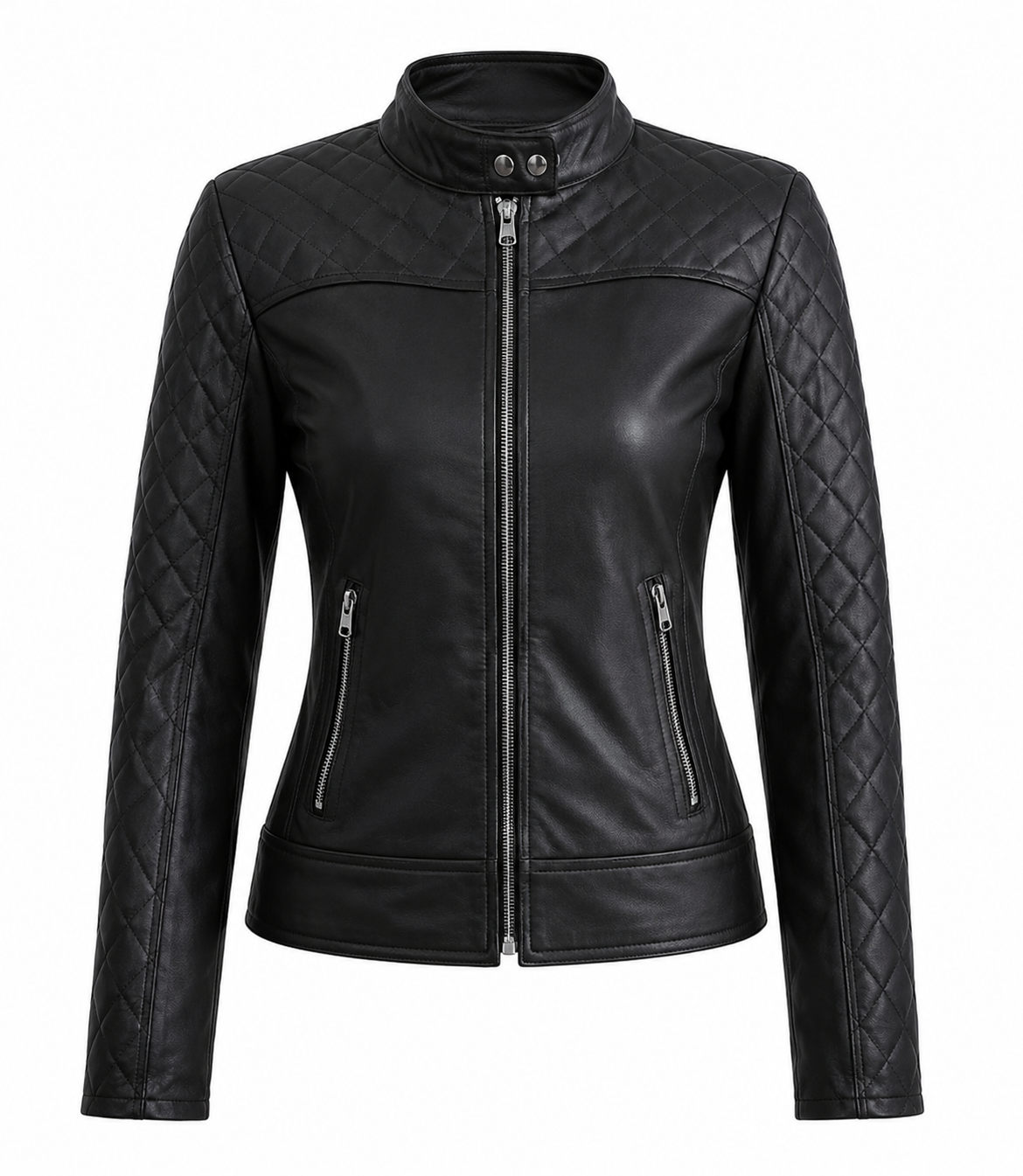 The Quilted Moto Jacket – women's fitted leather moto jacket with snap-tab collar and diamond-quilted shoulders