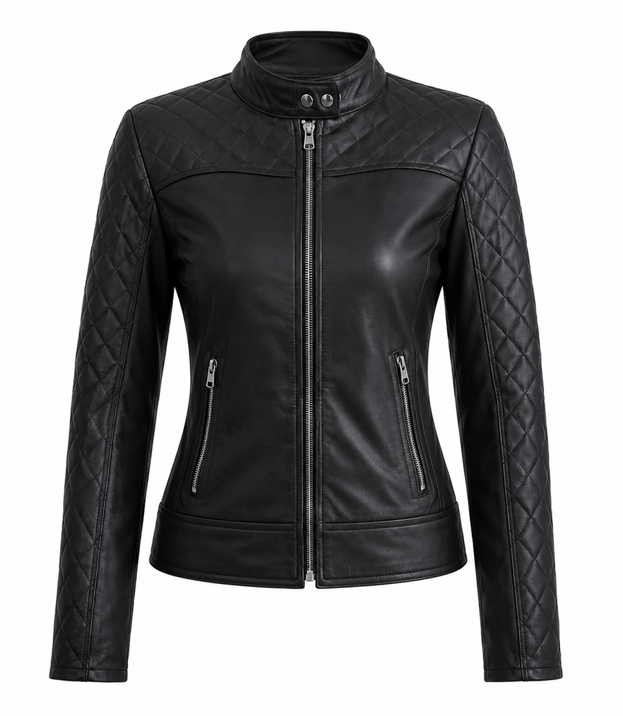 The Quilted Moto Jacket – women's fitted leather moto jacket with snap-tab collar and diamond-quilted shoulders