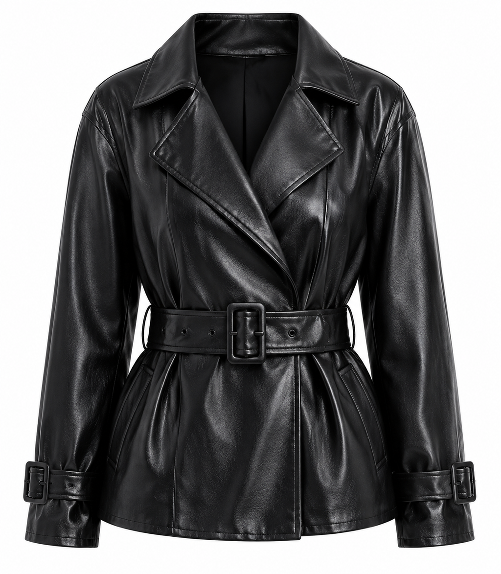 The Peplum Jacket – women's belted double-breasted leather jacket with peplum waist and buckle belt