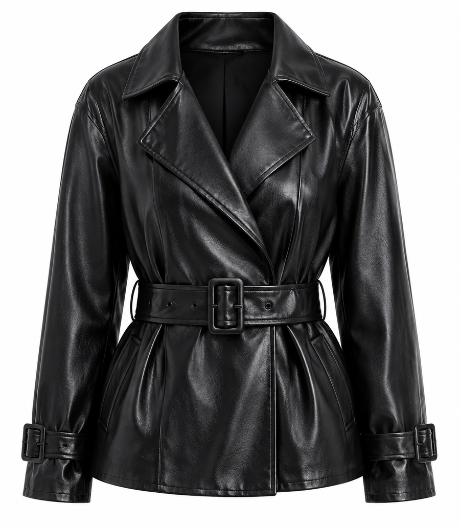The Peplum Jacket – women's belted double-breasted leather jacket with peplum waist and buckle belt