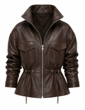 The Utility Jacket – women's leather utility jacket with stand collar, zip front, and drawstring waist