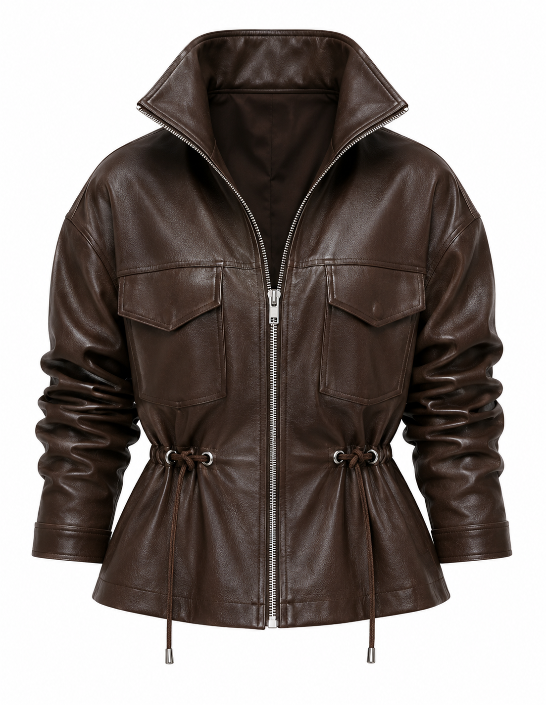 The Utility Jacket – women's leather utility jacket with stand collar, zip front, and drawstring waist