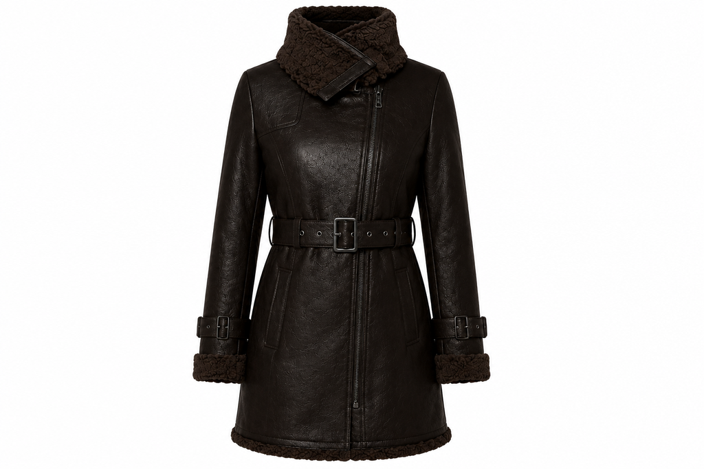 The Shearling Coat – women's belted shearling-lined leather coat with asymmetrical zip and plush shearling collar