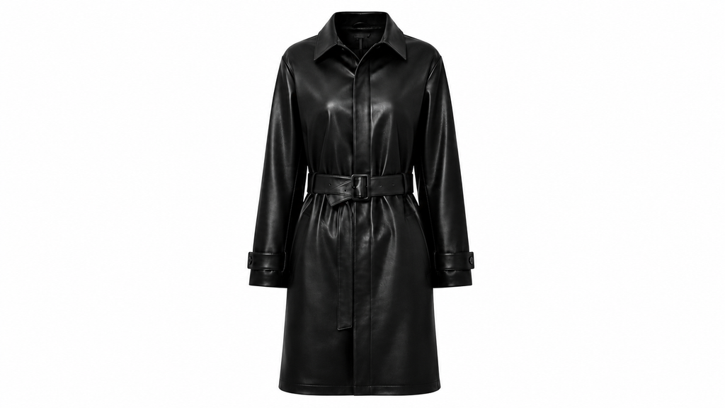 The Colorblock Trench – women's belted color-block leather trench coat with contrast collar and bodice panel