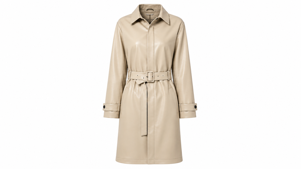 The Colorblock Trench – women's belted color-block leather trench coat with contrast collar and bodice panel