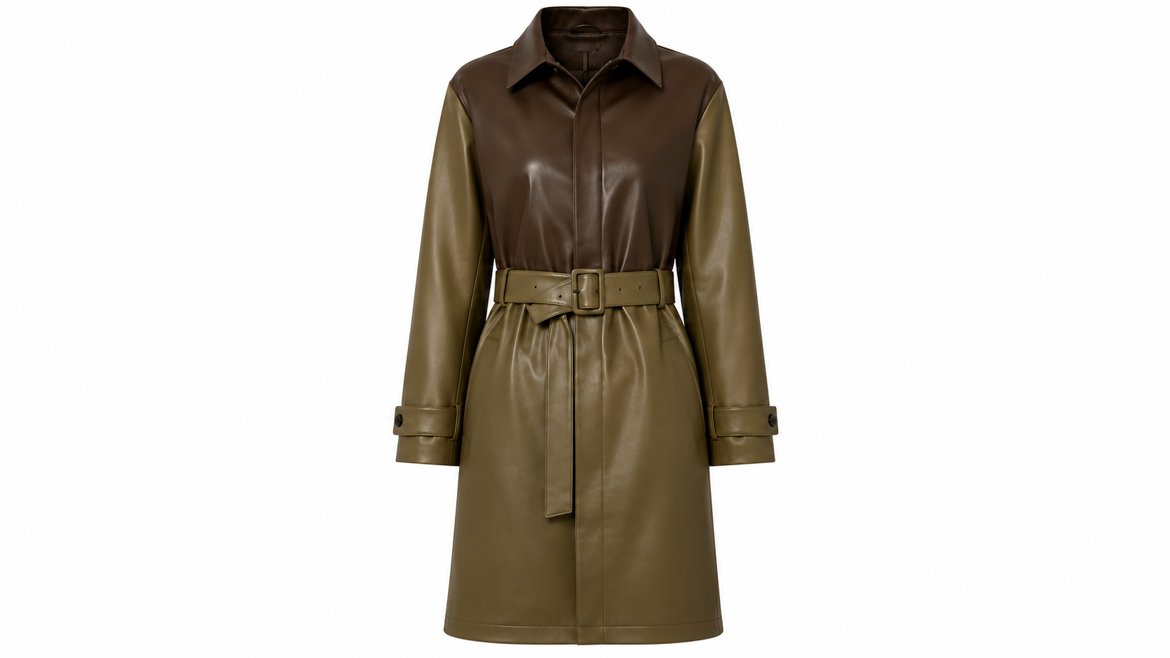 The Colorblock Trench – women's belted color-block leather trench coat with contrast collar and bodice panel