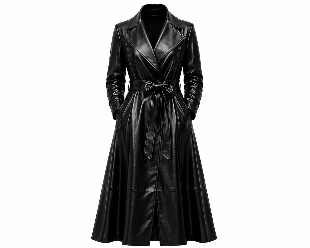 The Swing Coat – women's flared leather swing coat with tie belt, notched lapel, and wavy hem