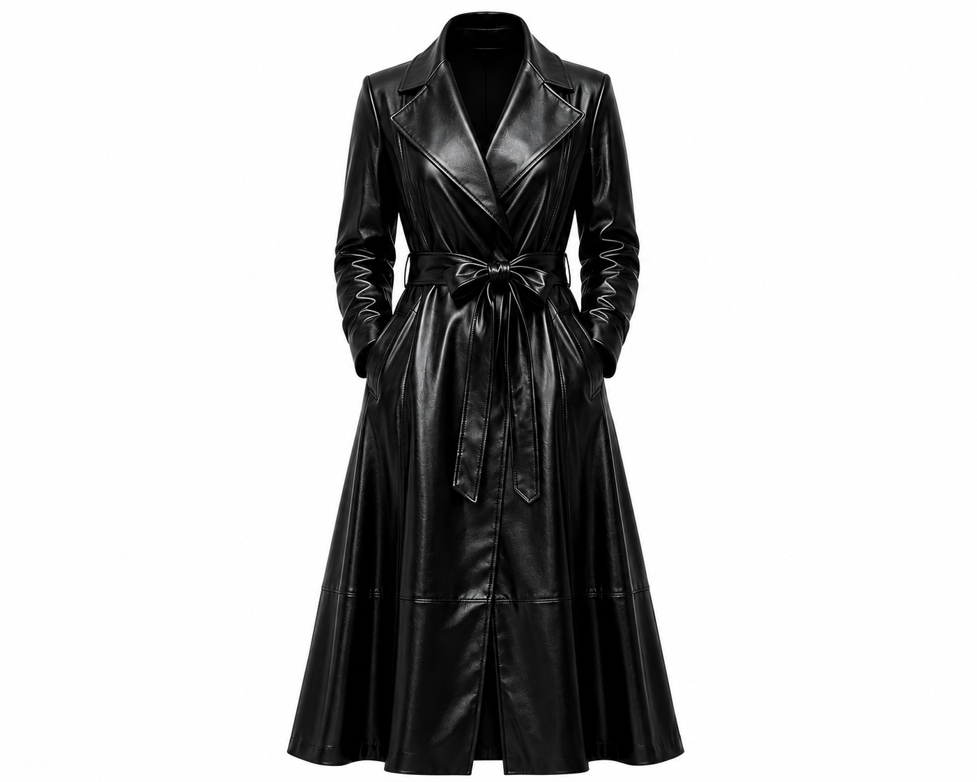 The Swing Coat – women's flared leather swing coat with tie belt, notched lapel, and wavy hem