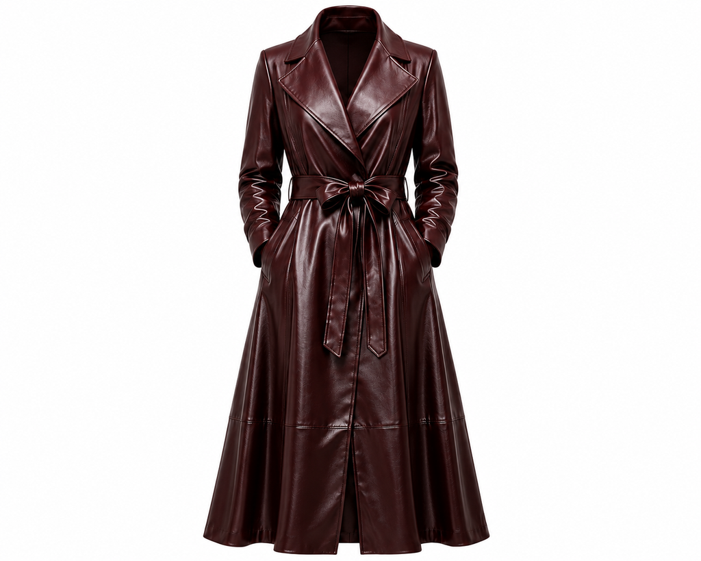 The Swing Coat – women's flared leather swing coat with tie belt, notched lapel, and wavy hem