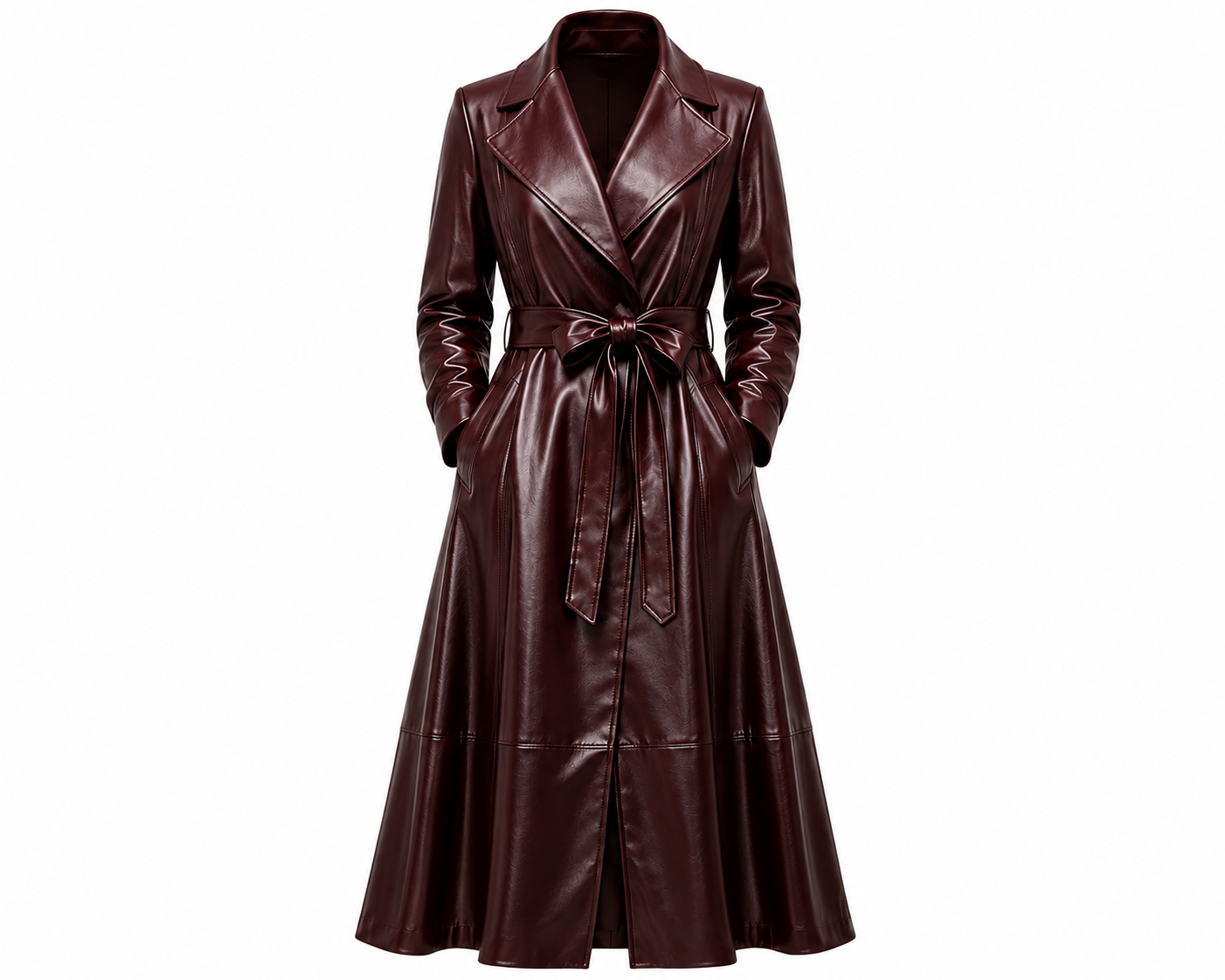 The Swing Coat – women's flared leather swing coat with tie belt, notched lapel, and wavy hem