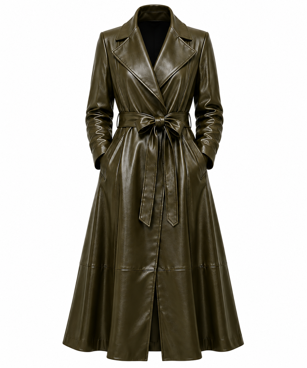 The Swing Coat – women's flared leather swing coat with tie belt, notched lapel, and wavy hem