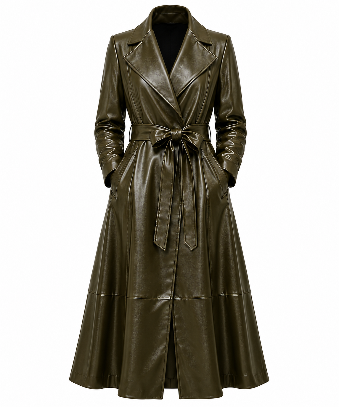 The Swing Coat – women's flared leather swing coat with tie belt, notched lapel, and wavy hem