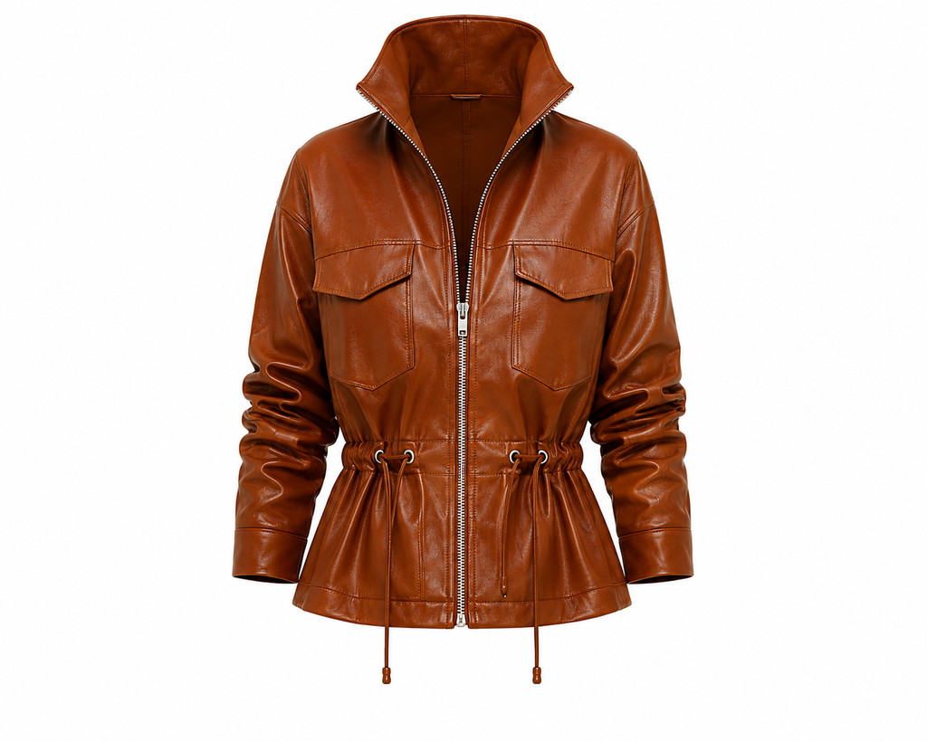 The Utility Jacket – women's leather utility jacket with stand collar, zip front, and drawstring waist