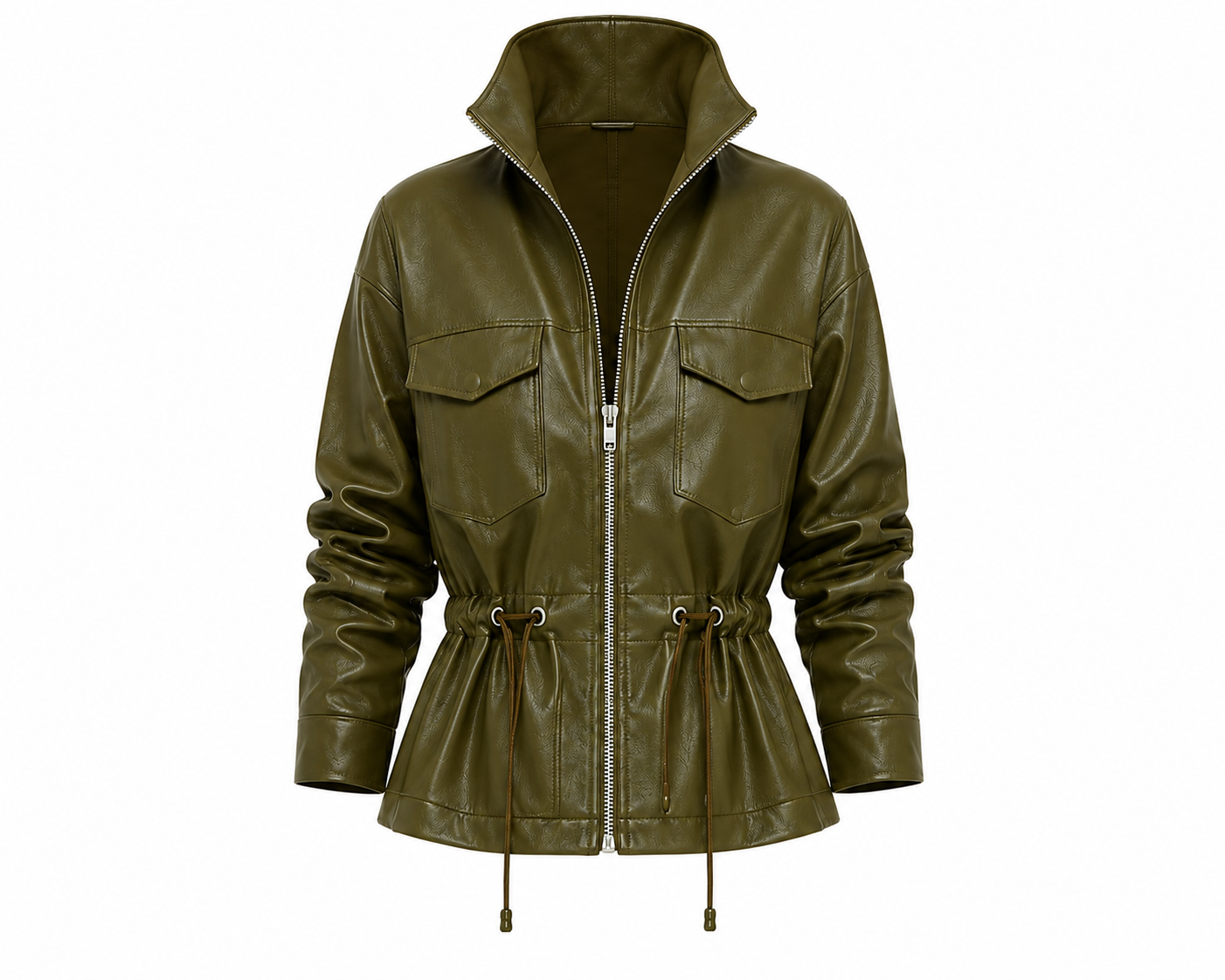The Utility Jacket – women's leather utility jacket with stand collar, zip front, and drawstring waist