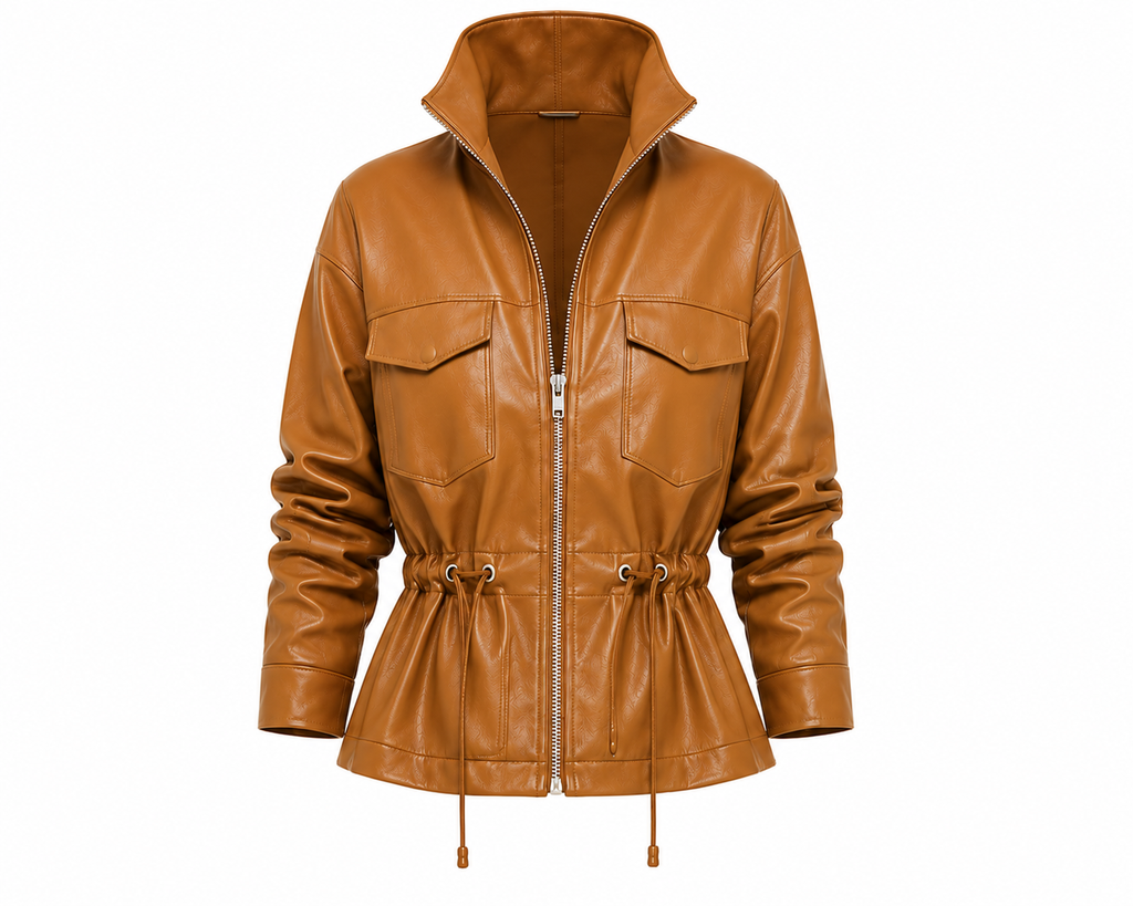 The Utility Jacket – women's leather utility jacket with stand collar, zip front, and drawstring waist