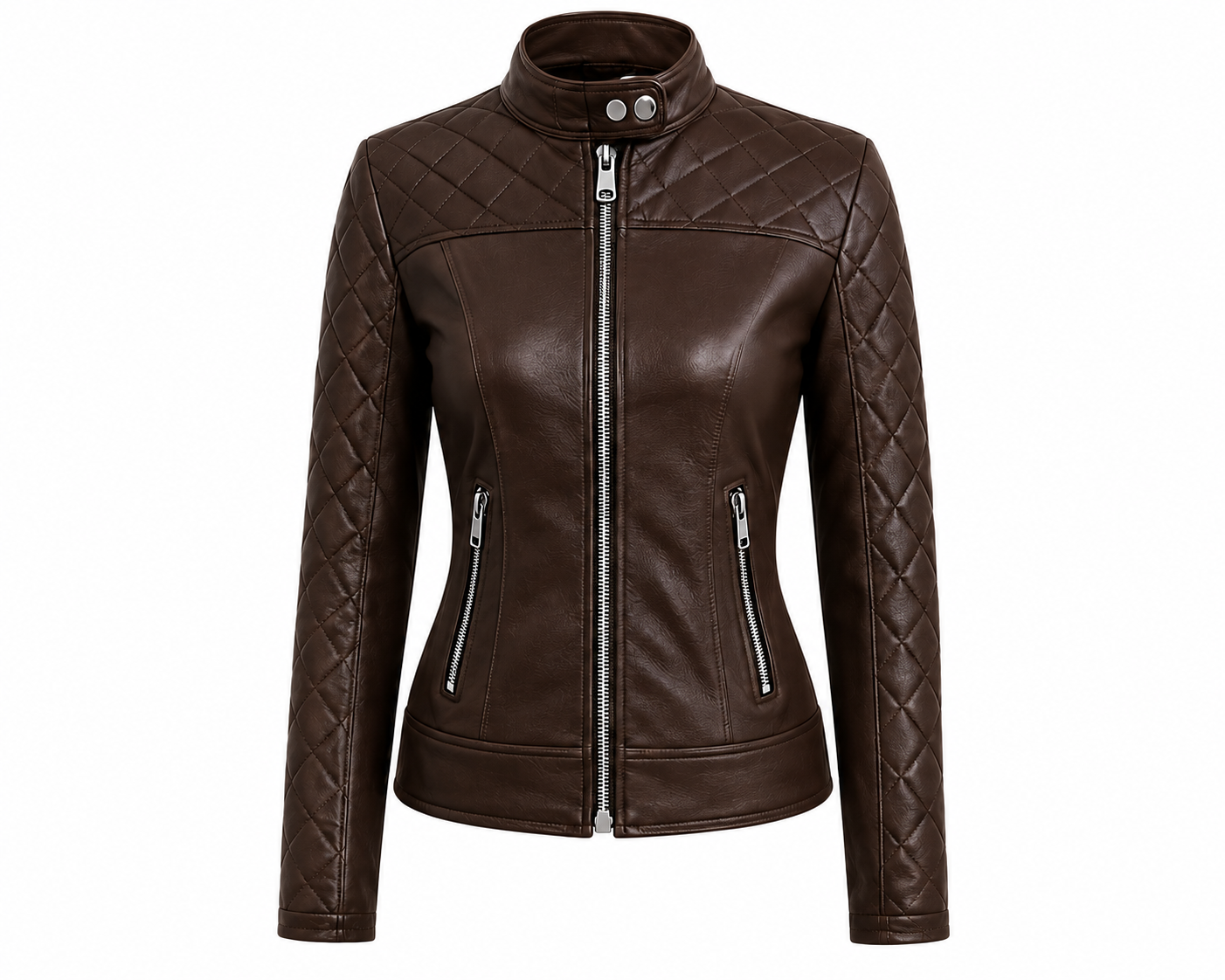 The Quilted Moto Jacket – women's fitted leather moto jacket with snap-tab collar and diamond-quilted shoulders