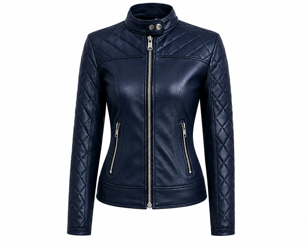 The Quilted Moto Jacket – women's fitted leather moto jacket with snap-tab collar and diamond-quilted shoulders