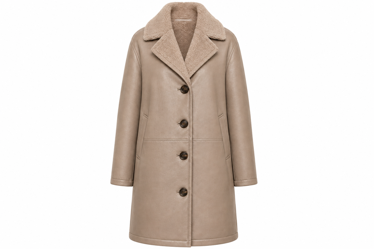 The Shearling Overcoat – women's oversized single-breasted leather coat with shearling collar and four-button front