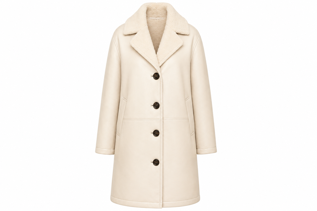 The Shearling Overcoat – women's oversized single-breasted leather coat with shearling collar and four-button front