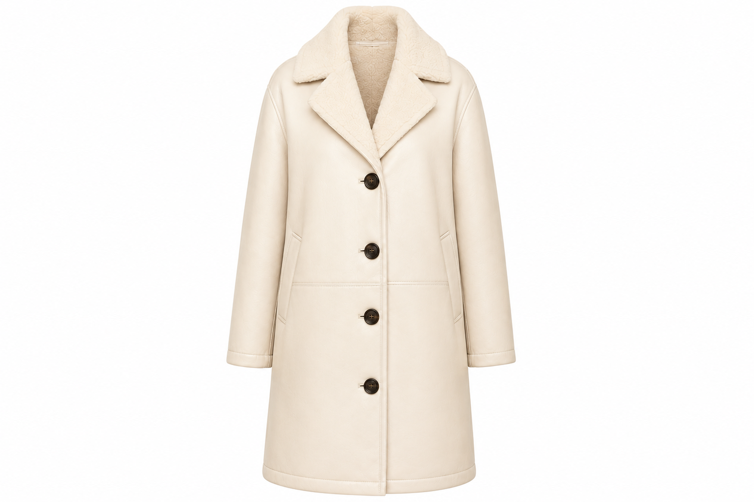 The Shearling Overcoat – women's oversized single-breasted leather coat with shearling collar and four-button front