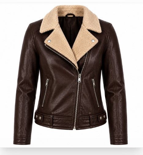 Rasha Shearling Collar Leather Biker Jacket