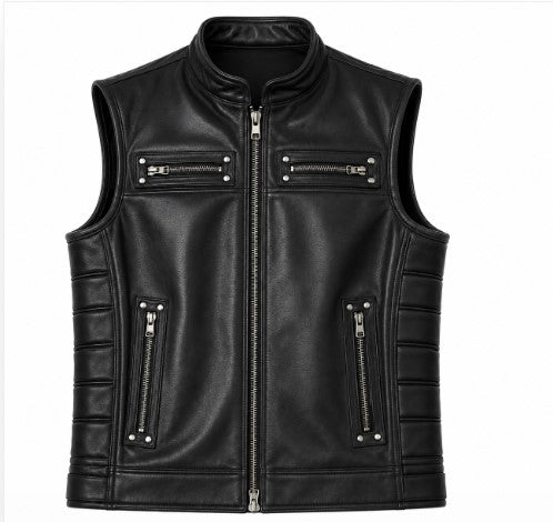 Classic Zip-Pocket Leather Moto Vest
