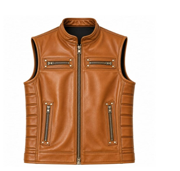Classic Zip-Pocket Leather Moto Vest