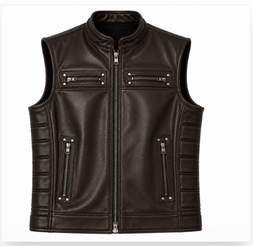 Classic Zip-Pocket Leather Moto Vest
