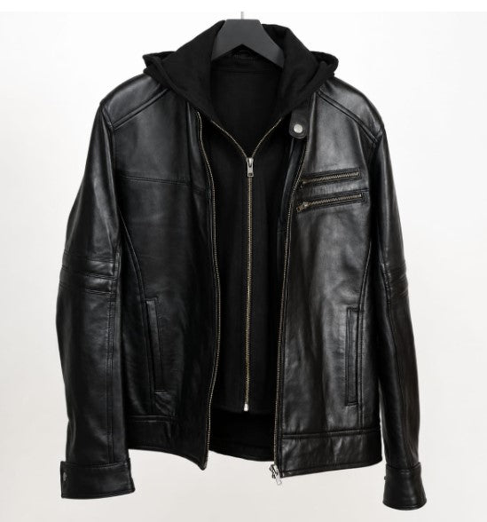 RASHA Hooded Leather Moto Jacket