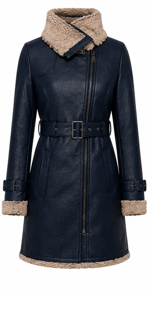 The Shearling Coat – women's belted shearling-lined leather coat with asymmetrical zip and plush shearling collar