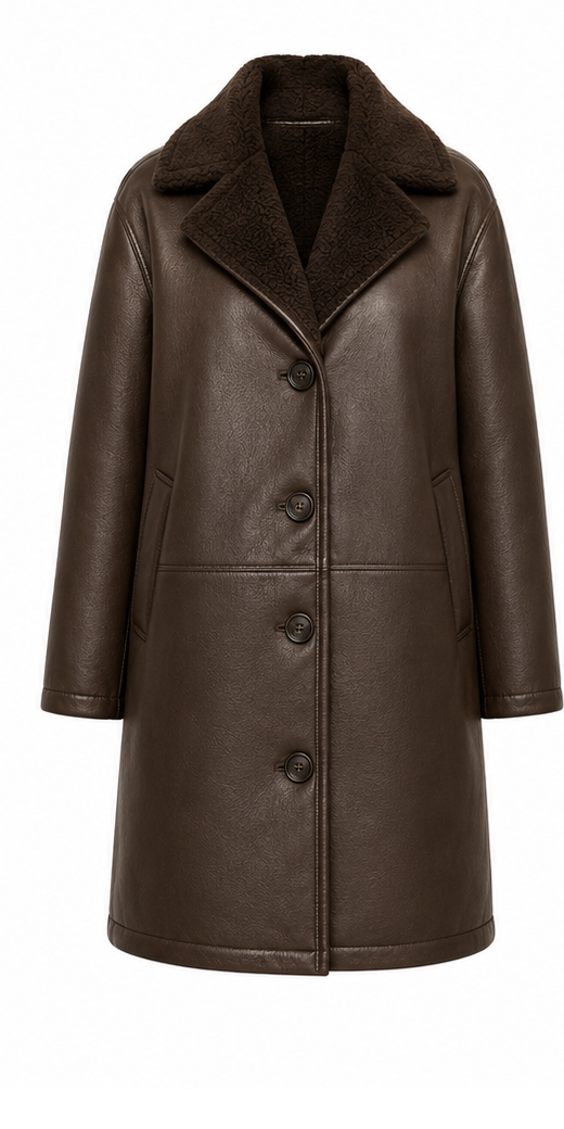 The Shearling Overcoat – women's oversized single-breasted leather coat with shearling collar and four-button front