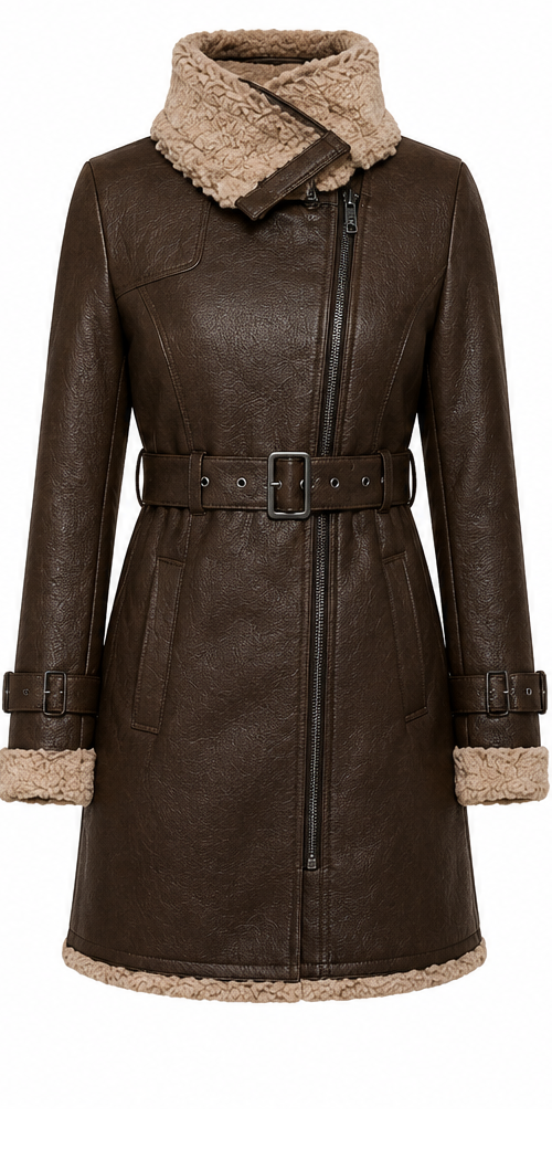 The Shearling Coat – women's belted shearling-lined leather coat with asymmetrical zip and plush shearling collar