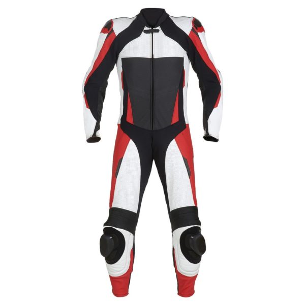 One-Piece Leather Racing Suit - Black/White/Red