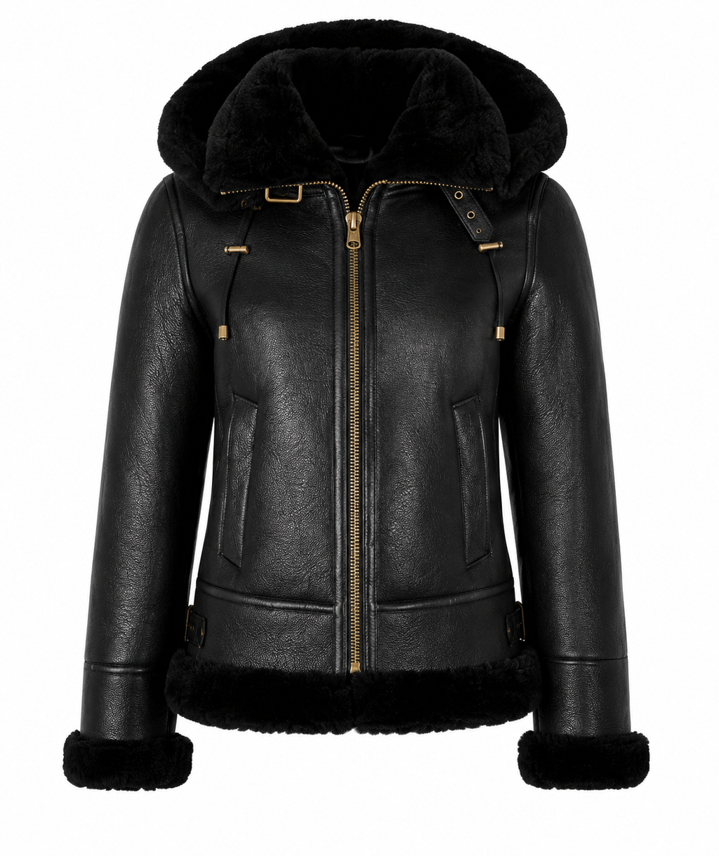 The Alpine – women's sheepskin shearling jacket with plush hood and buckle straps