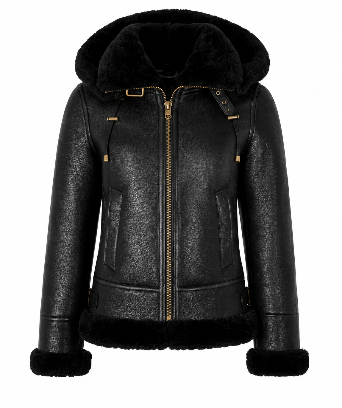 The Alpine – women's sheepskin shearling jacket with plush hood and buckle straps