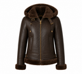 The Alpine – women's sheepskin shearling jacket with plush hood and buckle straps