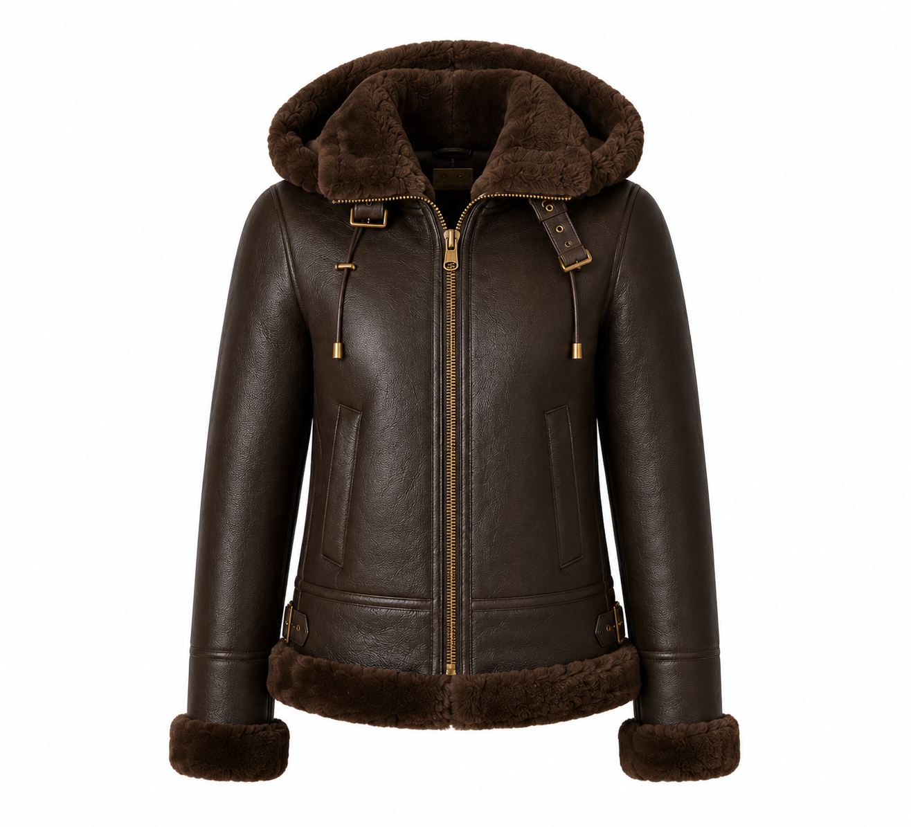 The Alpine – women's sheepskin shearling jacket with plush hood and buckle straps