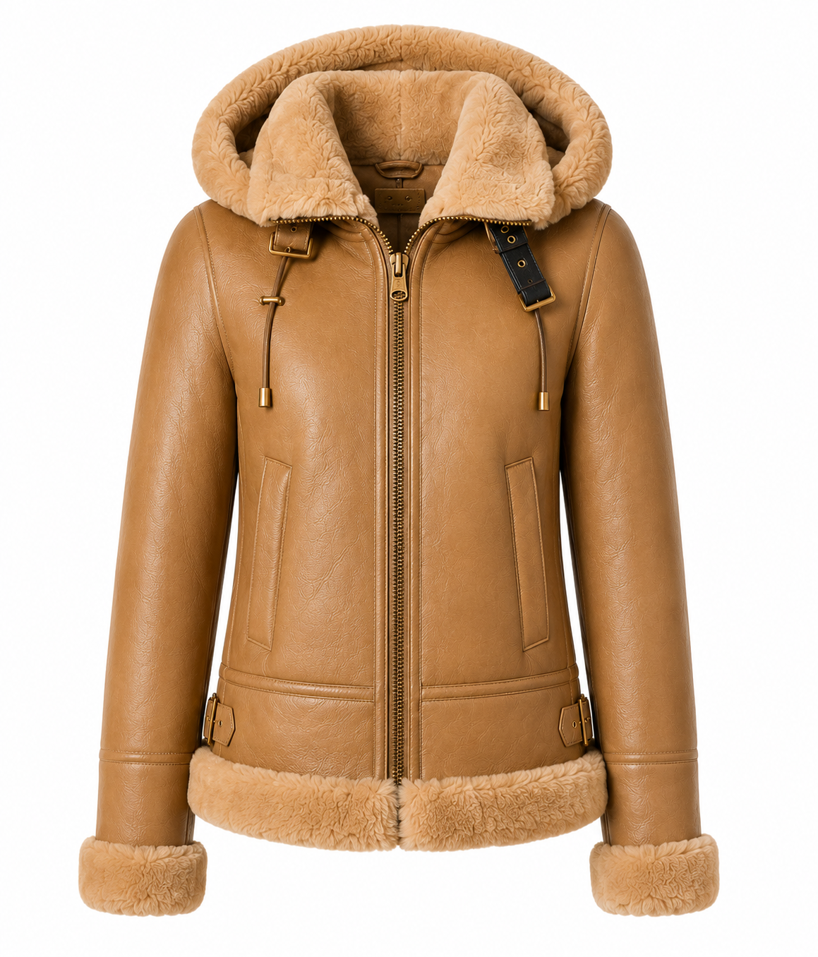 The Alpine – women's sheepskin shearling jacket with plush hood and buckle straps