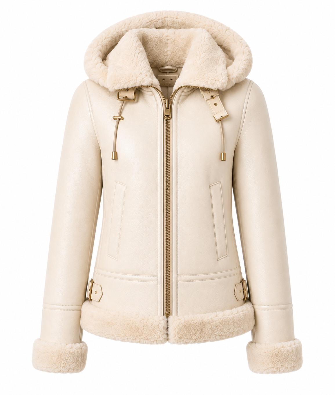 The Alpine – women's sheepskin shearling jacket with plush hood and buckle straps