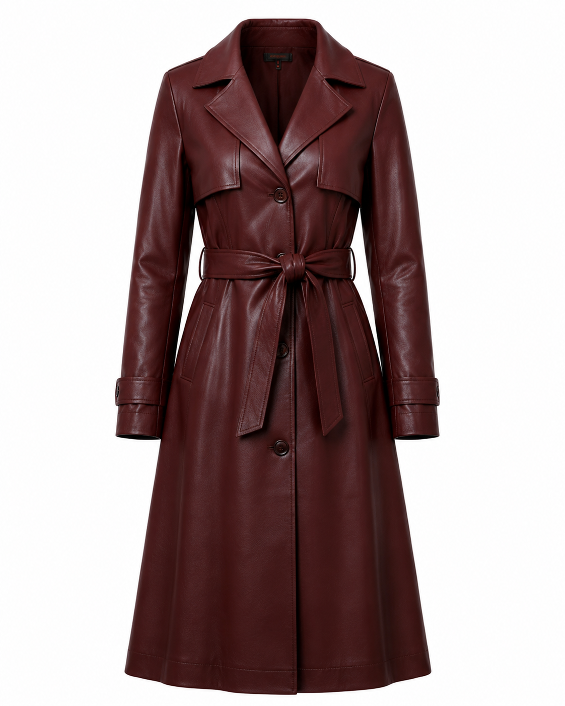 The Belted Coat – women's single-breasted flared leather coat with tie belt and notched lapel