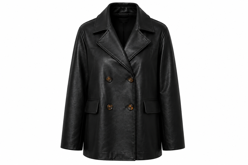 The Peacoat – women's double-breasted leather peacoat with oversized notched lapel and flap pockets
