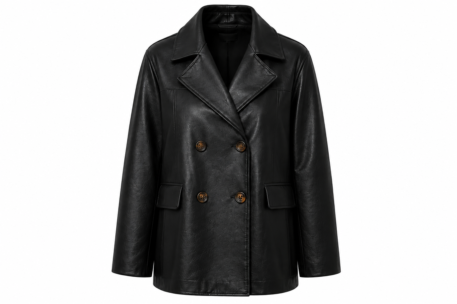 The Peacoat – women's double-breasted leather peacoat with oversized notched lapel and flap pockets